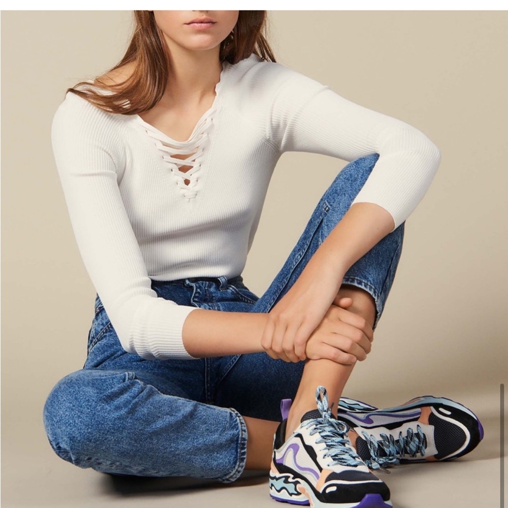 Sandro White Ribbed Stretch Lace Up Long Sleeve
Top